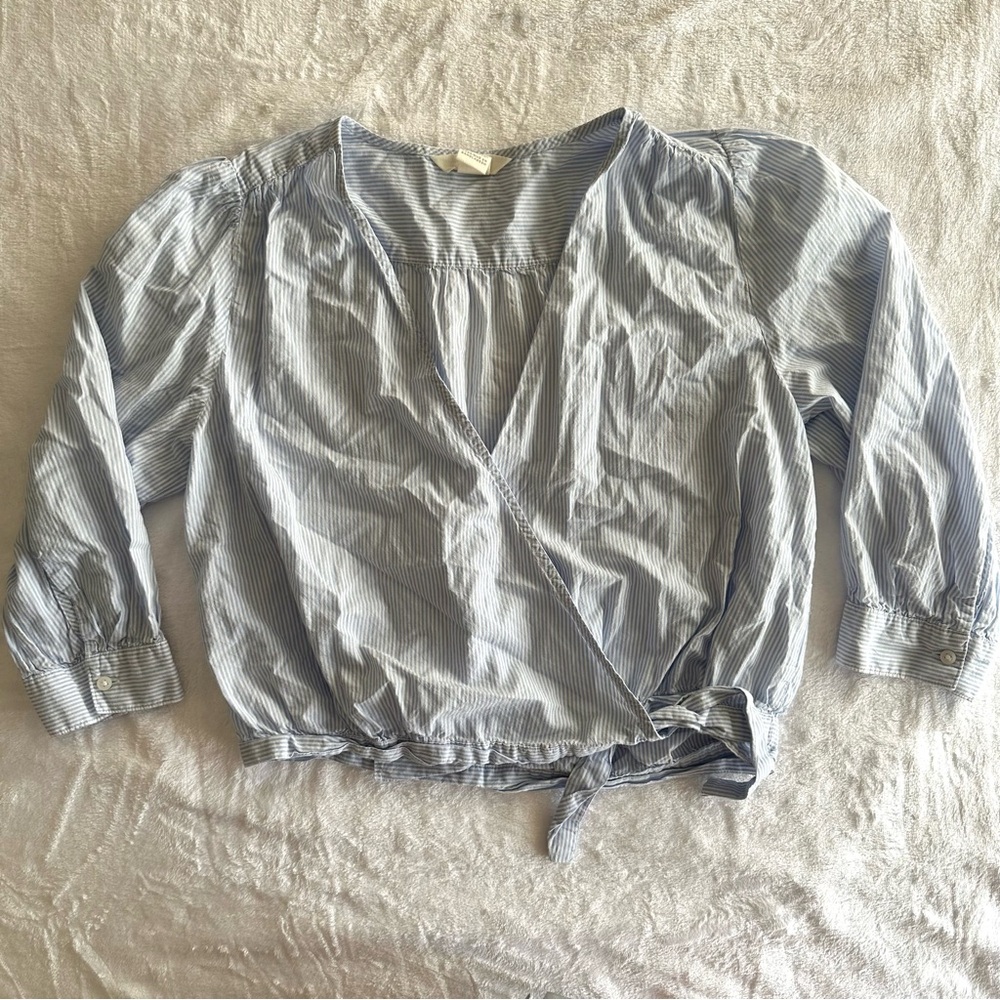 Blue Stripped Wrap Tie Blouse